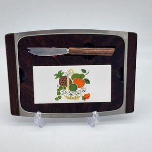 Vintage Teak and Chrome Cheese Tray w/ stylized Fruit Tile Magnetic Knife
